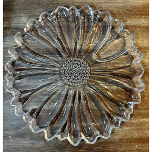 MCM Hazel Atlas SUNFLOWER Shaped Plate 10" Clear Glass Snack Tray Vintage